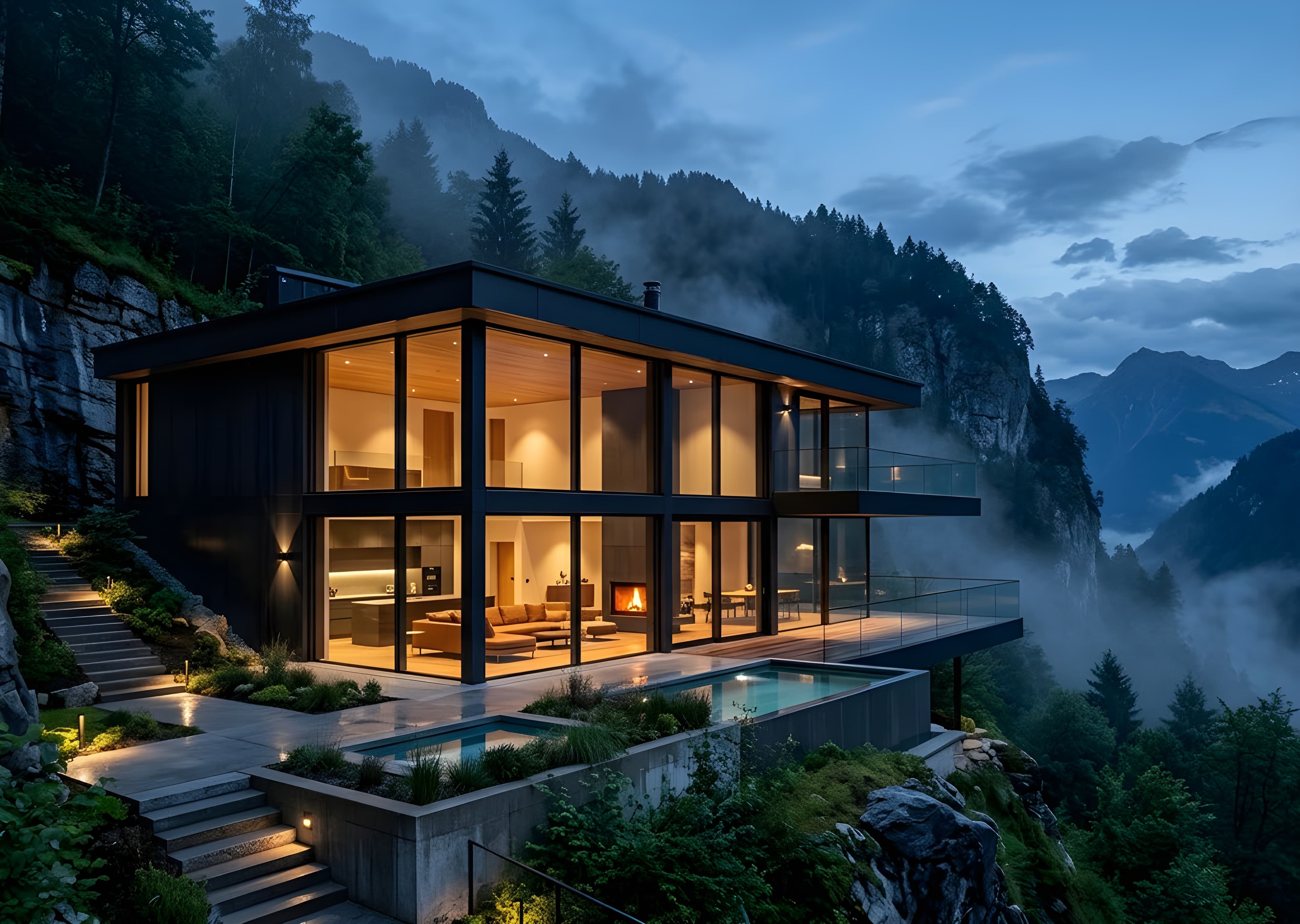 An ultra-modern, two-story luxury villa nestled into a steep, foggy mountainside at dusk.